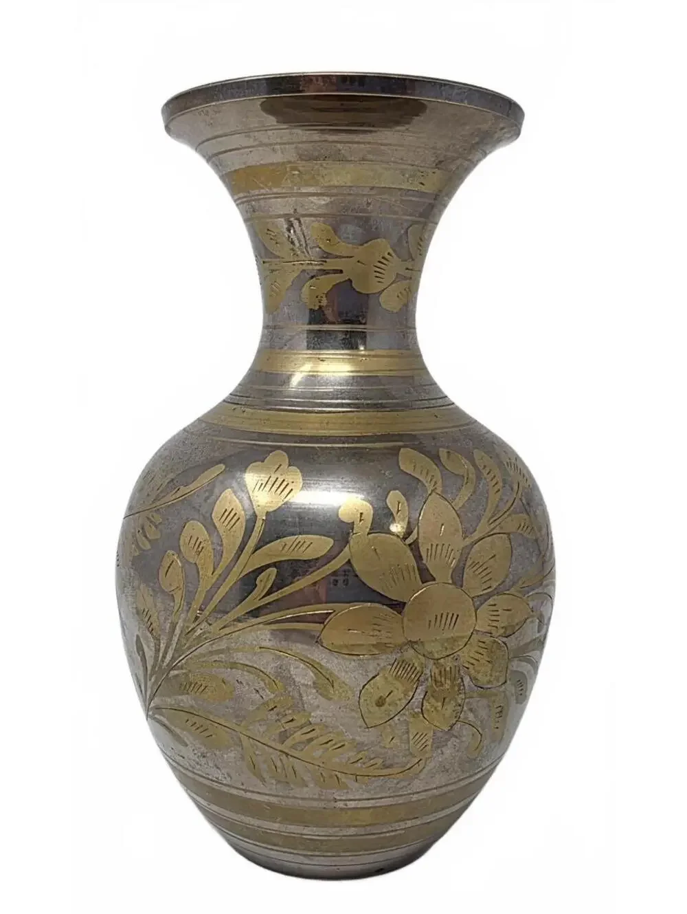 Vintage Silver Tone Brass Vase Engraved Floral Metal Decor 6.75